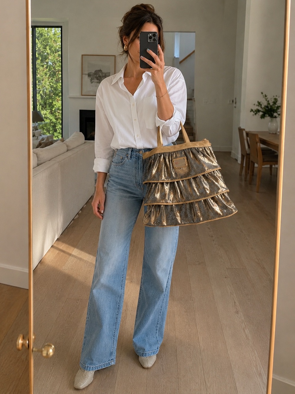RED Valentino Gold Sequin Tiered Tote with Tan Trim